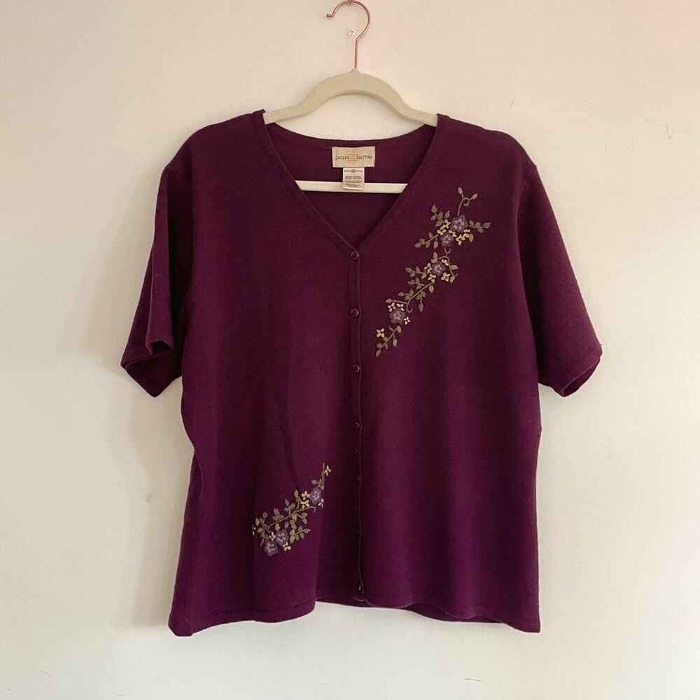Jaclyn Smith - Vintage Purple Floral Embroidered Short Sleeve Cardigan